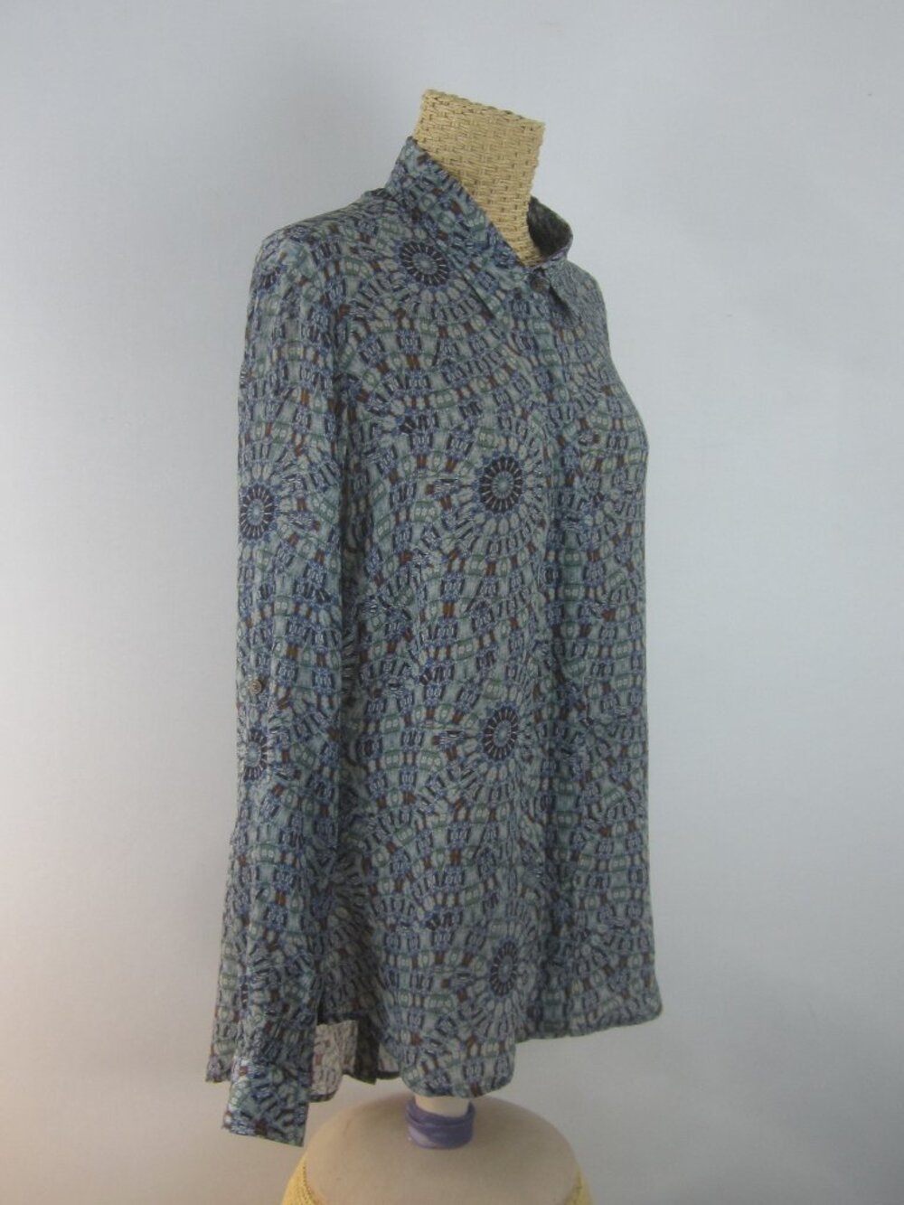 APNY Women M Steel Blue Print LS Button Front Tunic Shirt Viscose Relaxed High